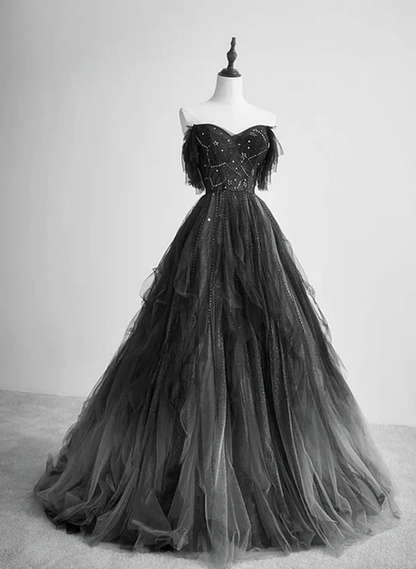Chic A Line Sweetheart Black Tulle Gradient With Beadings Long Prom Dresses,Black Evening Dress  GG230