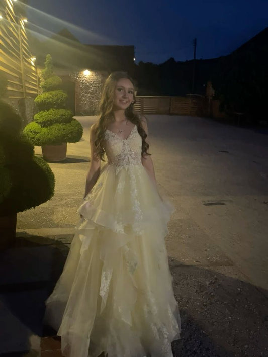 Classy Ball Gown Spaghetti Straps Pastel Yellow Tulle Lace Long Prom Dress,Party Dress,Evening Dress GG2317
