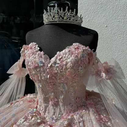 Gorgeous Ball Gown Off The Shoulder Pink Satin Tulle Lace Applique Long Prom Dress,Party Dress,Evening Dress GG2319