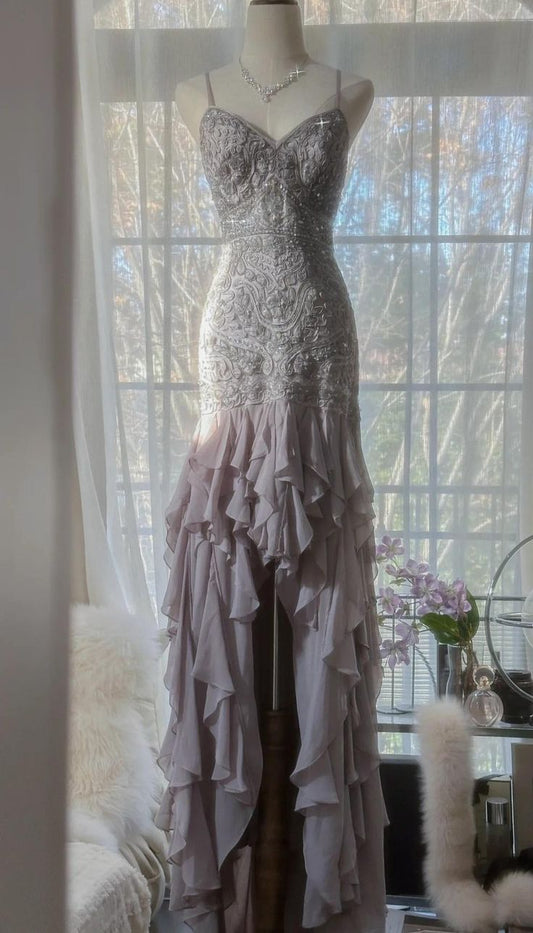 Gorgeous Mermaid Spaghetti Straps Satin Chiffon Beaded Long Prom Dress,Party Dress,Evening Dress GG2361