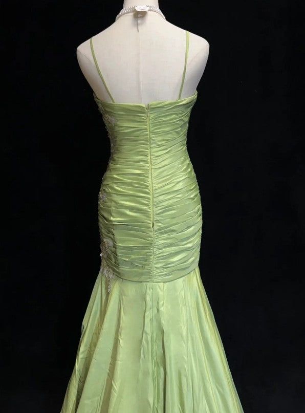 Vintage Mermaid Spaghetti Straps Satin Applique Beaded Long Prom Dress,Party Dress,Evening Dress GG2366