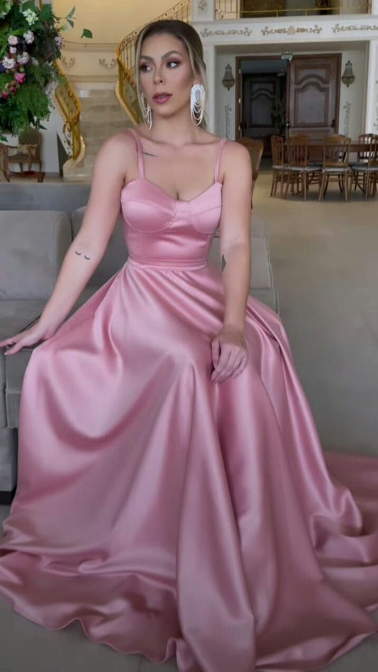 Classy A Line Spaghetti Straps Satin Long Prom Dress,Party Dress,Evening Dress GG2372