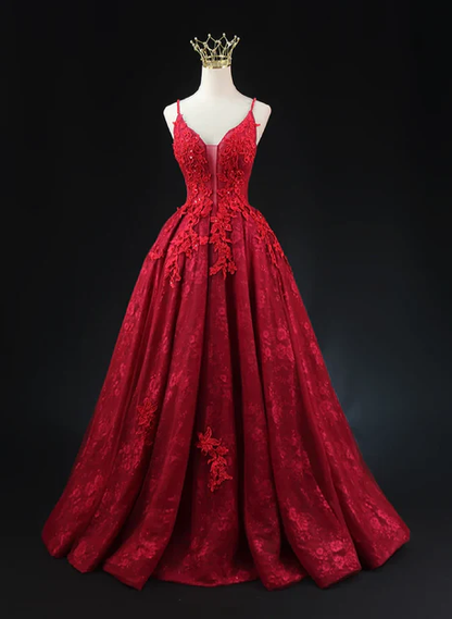 Elegant A Line V Neckline  Spaghetti Straps Wine Red Lace Applique Long Prom Dress,Evening Dress GG239