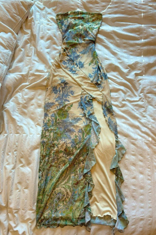 Unique Mermaid Strapless Chiffon Printing Slit Long Prom Dress,Party Dress,Evening Dress GG2411