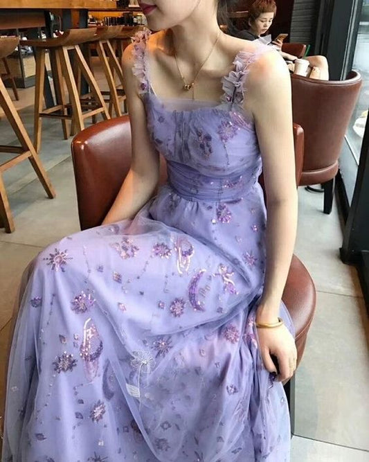 Classy A Line Spaghetti Straps Lilac Tulle Applique Long Prom Dress, Party Dress, Evening Dress GG2448