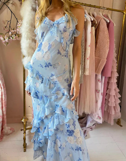 Fairy Mermaid Spaghetti Straps Chiffon Printing Ruffles Long Prom Dress, Party Dress, Evening Dress GG2449