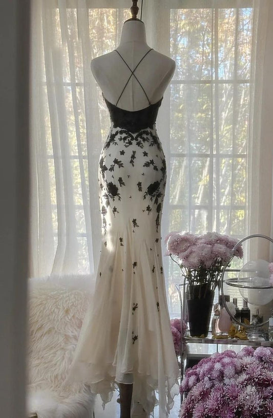 Chic Mermaid Spaghetti Straps Chiffon Lace Applique Long Prom Dress,Evening Dress GG2088
