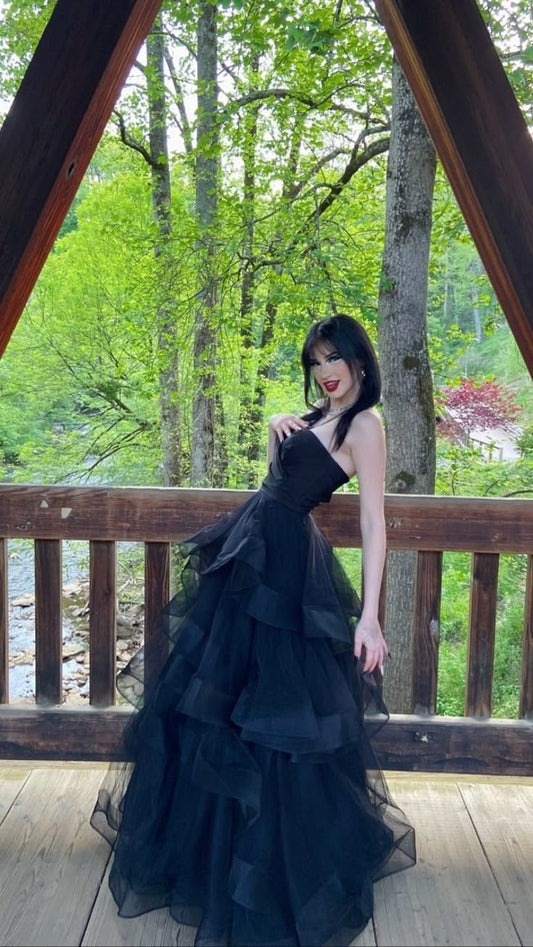 Cute A Line Strapless Black Satin Tulle Long Prom Dress, Party Dress, Evening Dress GG2481