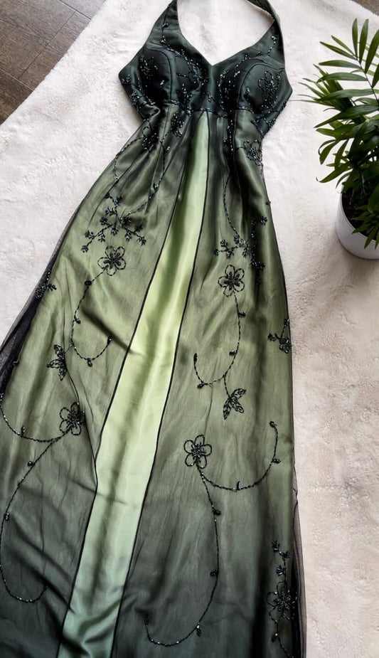 Classy A Line Halter Satin Tulle Beaded Long Prom Dress, Party Dress, Evening Dress GG2494