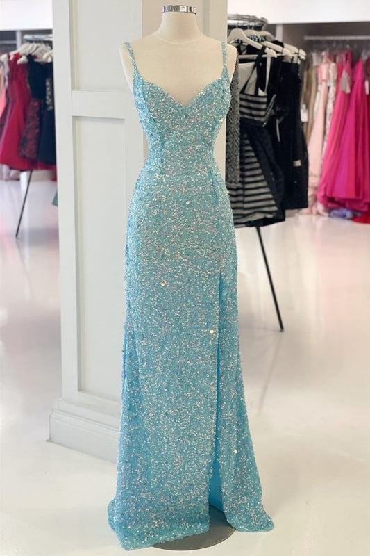 Shiny Mermaid Spaghetti Straps Satin Sequin Slit Long Prom Dress, Party Dress, Evening Dress GG2502