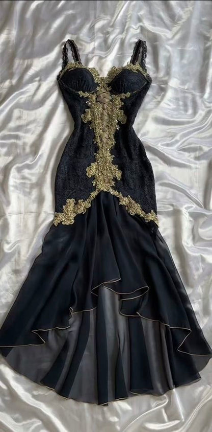 Unique Mermaid Spaghetti Straps Chiffon Lace Applique Long Prom Dress, Party Dress, Evening Dress GG2508