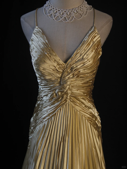Vintage A Line Spaghetti Straps Golden Satin Beaded Pleated Long Prom Dress, Party Dress, Evening Dress GG2545