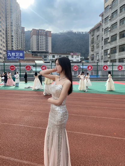 Glitter Mermaid Spaghetti Straps Tulle Sequin Long Prom Dress, Party Dress, Evening Dress GG2596