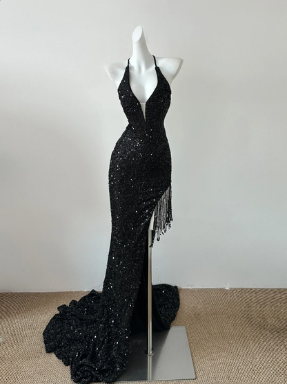 Stunning Mermaid Halter Black Satin Sequin Tassel Long Prom Dress, Party Dress, Evening Dress GG2599