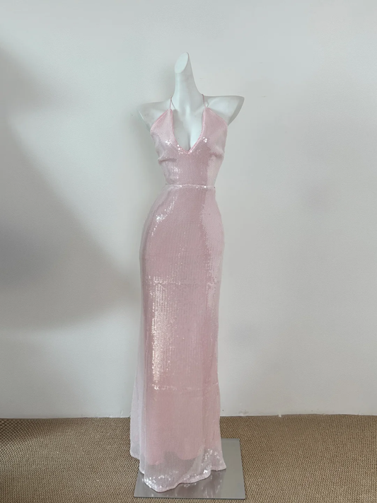 Shiny Mermaid Halter Pink Sequin Tulle Long Prom Dress, Party Dress, Evening Dress GG2603