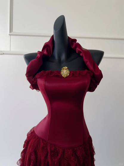 Elegant Mermaid Halter Burgundy Satin Lace Long Prom Dress, Party Dress, Evening Dress GG2619