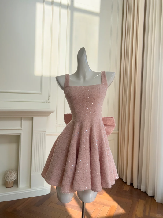 Cute A Line Spaghetti Straps Pink Satin Sequin Back With Bow Short Prom Dress,Homecoming Dress,Birthday Dress GG2621