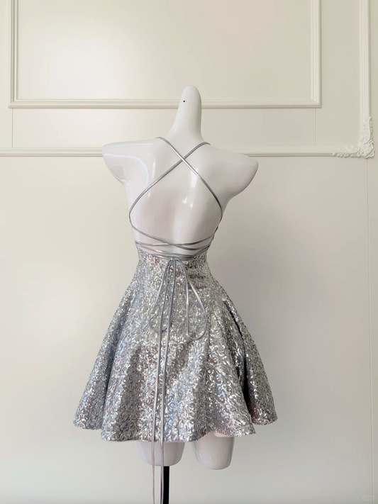Shiny A Line Halter Silver Sequin Short Prom Dress,Homecoming Dress,Birthday Dress GG2622