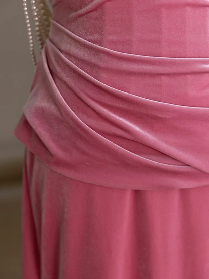Elegant Mermaid Strapless Dusty Rose Velvet Beading Long Prom Gresses,Evening Dresses  GG264