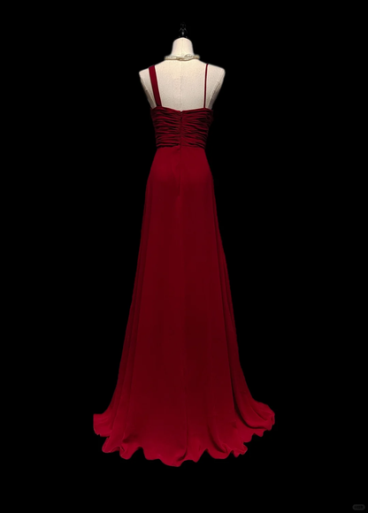 Elegant A Line Spaghetti Straps Burgundy Chiffon Flowers Long Prom Dress, Party Dress, Evening Dress GG2737