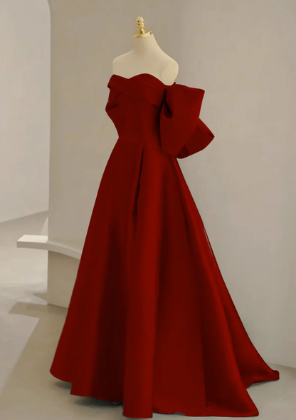 Chic A Line Sweetheart Neck Strapless Satin Back With Bow Train Burgundy Long Prom Dress, Evening Dress GG274