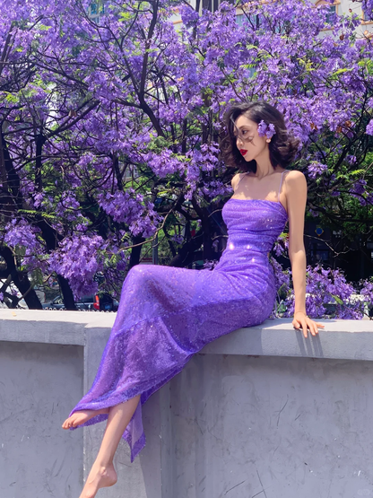 Shiny Mermaid Spaghetti Straps Purple Sequin Long Prom Dress, Party Dress, Evening Dress GG2757