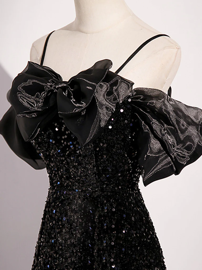 Shiny A Line Off The Shoulder Black Bow Tulle Sequins Long Prom Dress, Evening Dress GG277