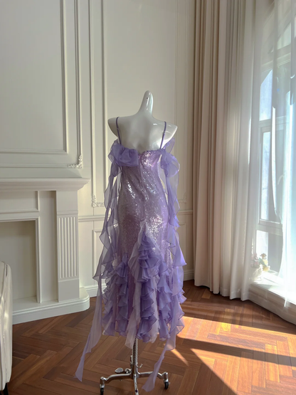 Elegant Mermaid Spaghetti Straps Lilac Sequin Chiffon Long Prom Dress, Party Dress, Evening Dress GG2771