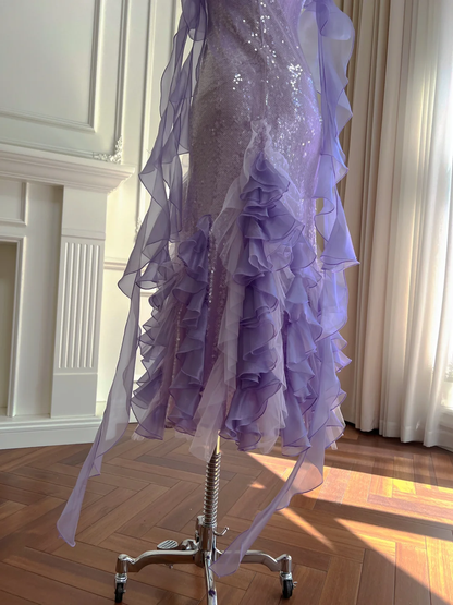 Elegant Mermaid Spaghetti Straps Lilac Sequin Chiffon Long Prom Dress, Party Dress, Evening Dress GG2771