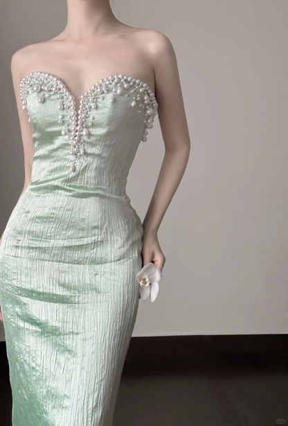 Stunning Mermaid Strapless Mint Green Satin Beaded Long Prom Dress, Party Dress, Evening Dress GG2829