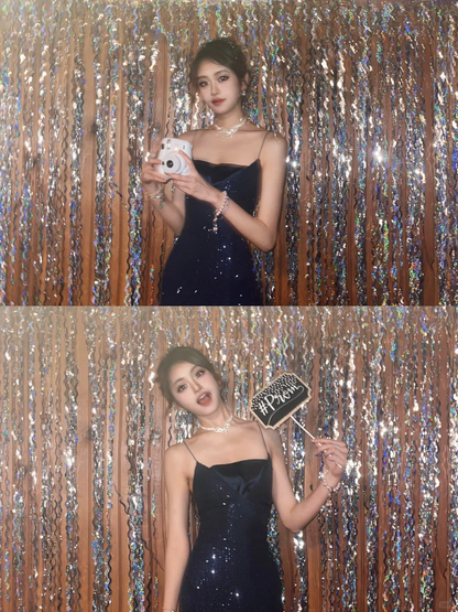 Glitter Mermaid Spaghetti Straps Navy Satin Sequin Long Prom Dress, Party Dress, Evening Dress GG2857