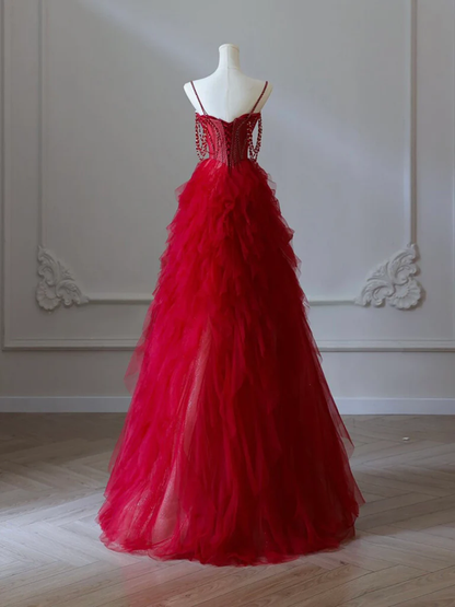 Chic A Line Burgundy Sweetheart Neck Tulle Beads Burgundy Long Prom Dress, Evening Dress GG286