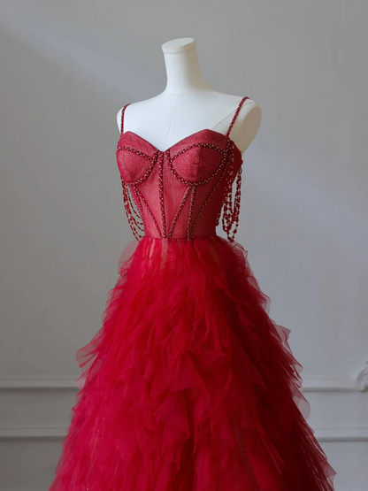 Chic A Line Burgundy Sweetheart Neck Tulle Beads Burgundy Long Prom Dress, Evening Dress GG286