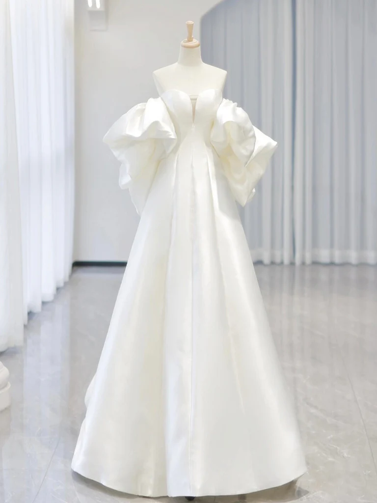 Elegant A Line Sweetheart Neck Satin White Long Prom Dress, Evening Dress GG287