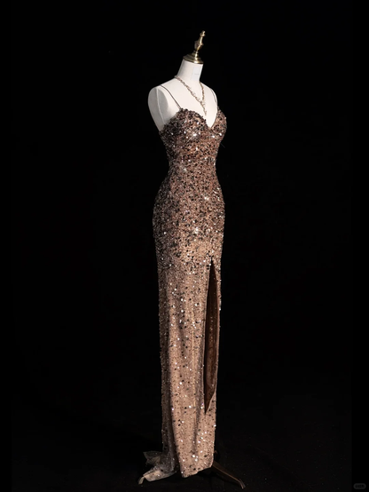 Glitter Mermaid Spaghetti Straps Satin Sequin Slit Long Prom Dress, Party Dress, Evening Dress GG2888