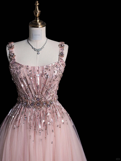 Beautiful A Line Square Tulle Sequin Beaded Long Prom Dress, Party Dress, Evening Dress GG2890