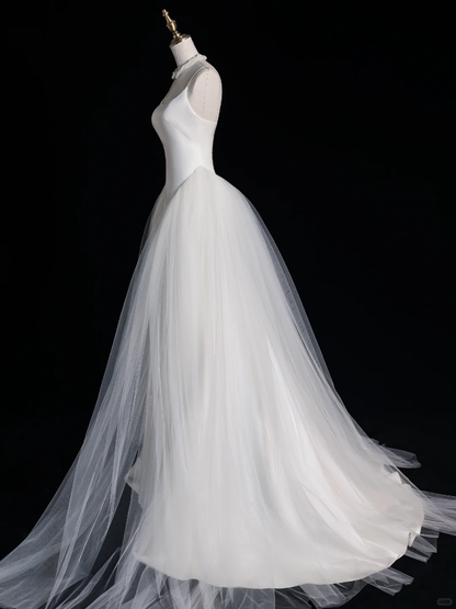 Classy A Line Spaghetti Straps White Satin Tulle Long Prom Dress, Party Dress, Evening Dress GG2892