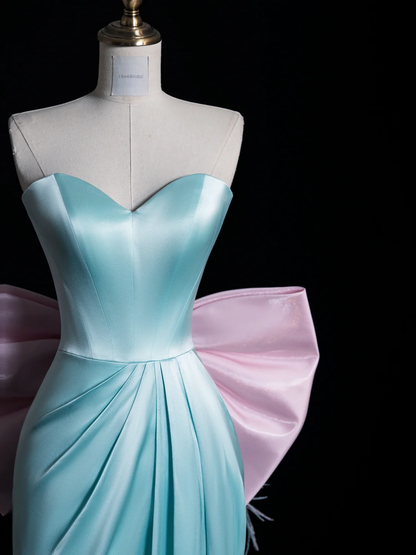 Pretty Mermaid Strapless Light Blue Satin Back With Bow Long Prom Dress, Party Dress, Evening Dress GG2896