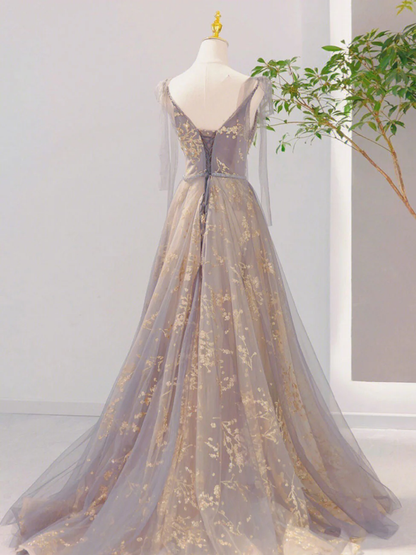 Chic A Line V Neck Beaded Applique Tulle Long Prom Dress, Evening Dress GG291