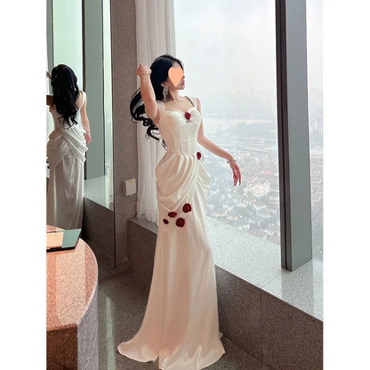 Unique Mermaid Sweetheart White Satin Applique Long Prom Dress, Party Dress, Evening Dress GG2920