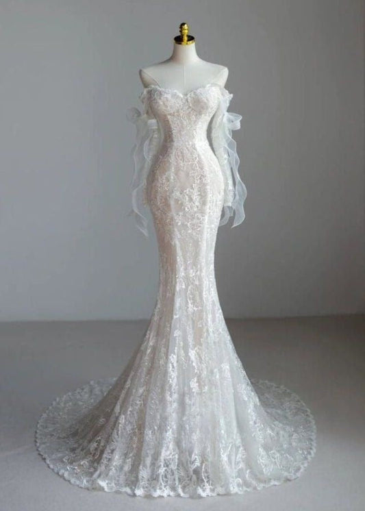 Dreamy Mermaid Strapless Tulle Lace Wedding Dress GG2934