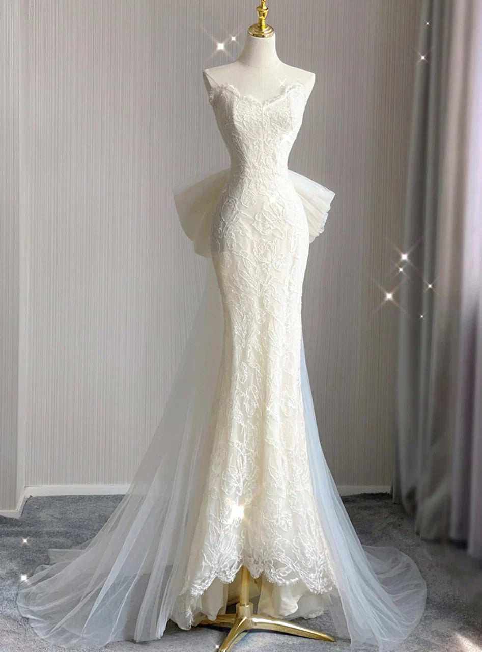 Princess Mermaid Strapless Ivory Tulle Lace Wedding Dress GG2938