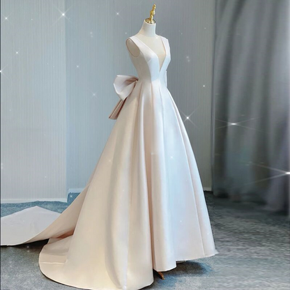 Classy A Line V Neck Satin Back With Bow Long Wedding Dress GG2951
