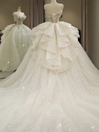 Dreamy Ball Gown Off The Shoulder Tulle Beaded Long Wedding Dress GG2958