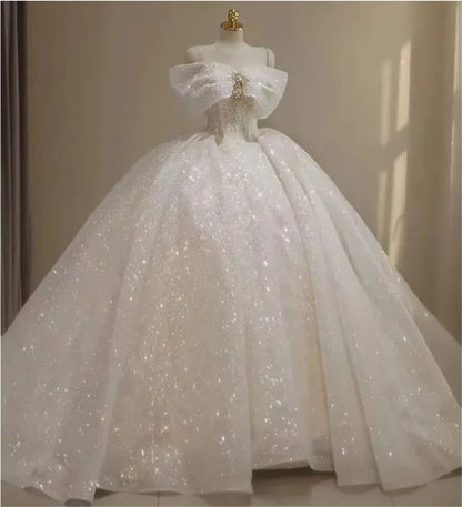 Vintage Ball Gown Off The Shoulder Tulle Sequin Beaded Long Wedding Dress GG2959