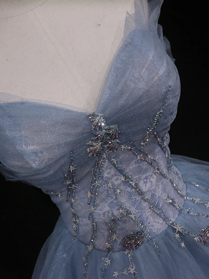 Chic A Line Strapless Pale Blue Sweetheart Tulle Beading Long Prom Dress,Evening Dress GG296
