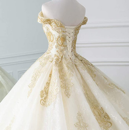 Timeess Ball Gown Off The Shoulder Tulle Lace Applique Long Wedding Dress GG2972