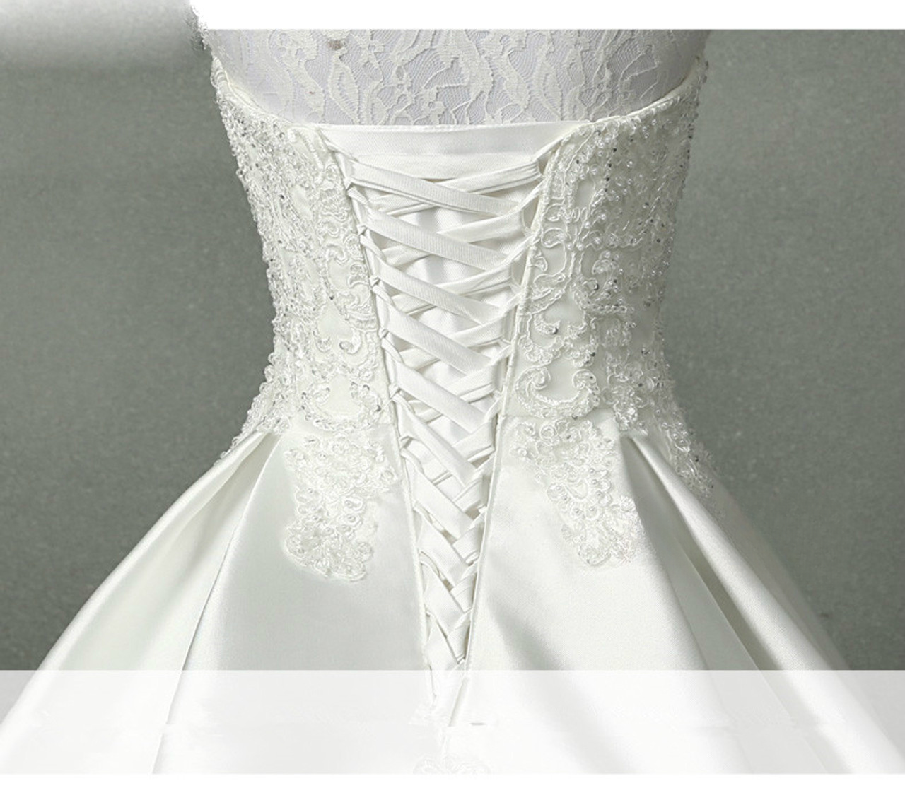 Classic Ball Gown Strapless White Satin Lace Applique Long Wedding Dress GG2974