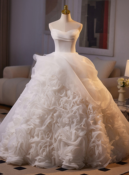 Vintage Elegant Ball Gown Strapless White Satin Chiffon Long Wedding Dress GG2976