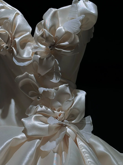 Vintage Ball Gown Spaghetti Straps Satin Flowers With Wedding Veil Long Wedding Dress GG3001